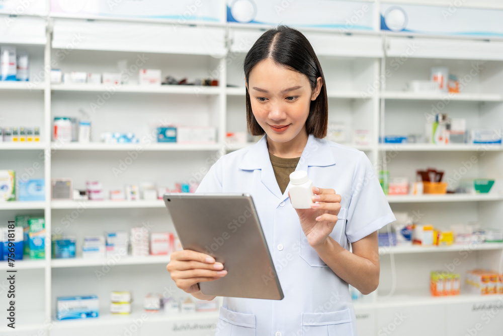 Professional Pharmacist woman in uniform holding medicine bottle talks to patient via online video conferencing advice to customers standing near drug shelves counter. Pharmacist inventory medicine