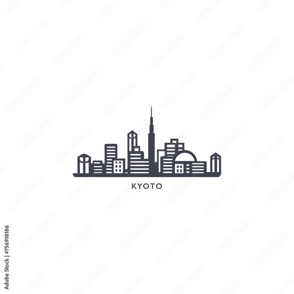 Japan Kyoto cityscape skyline city panorama vector flat modern logo icon. Kansai region megapolis emblem idea with landmarks and building silhouettes. Isolated graphic Japan Kyoto cityscape skyline city panorama vector flat modern logo icon. Kansai region megapolis emblem idea with landmarks and building silhouettes. Isolated graphic