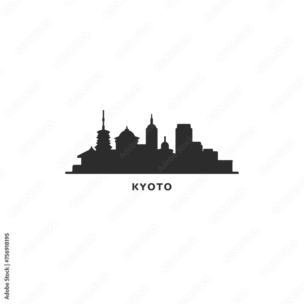 Japan Kyoto cityscape skyline city panorama vector flat modern logo icon. Kansai region megapolis emblem idea with landmarks and building silhouettes. Isolated graphic	