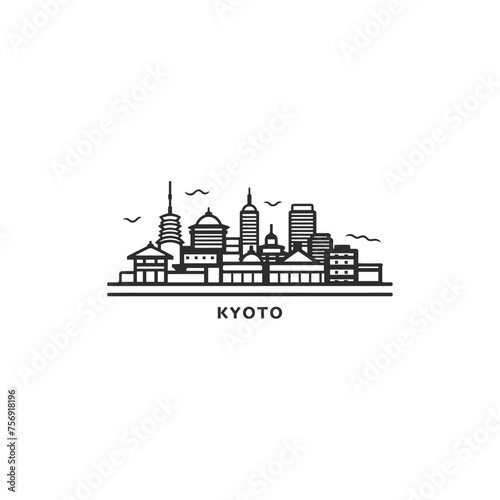 Japan Kyoto cityscape skyline city panorama vector flat modern logo icon. Kansai region megapolis emblem idea with landmarks and building silhouettes. Isolated graphic	