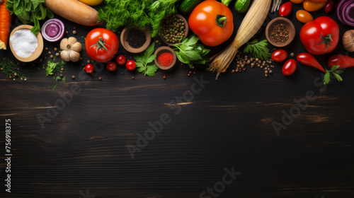 The background of cooking. On a black wooden background. Top view. Free space for your text, Bright color, realistic