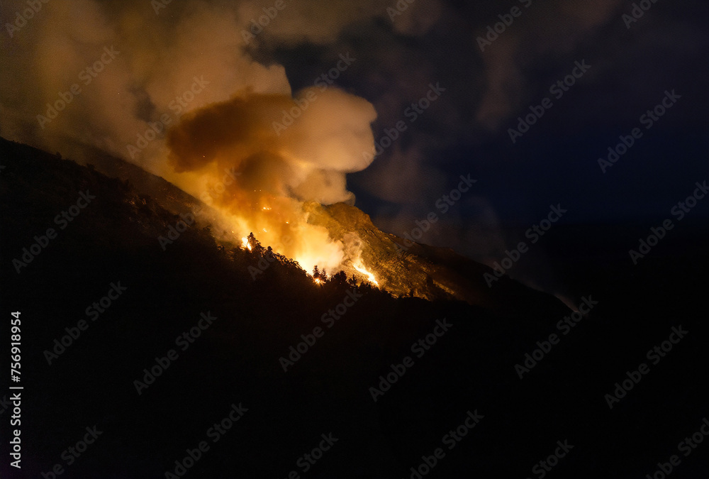 Volcanic eruption at night, Bromo, Java, Indonesia