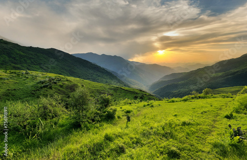 Mountain landscape at sunset in summer. Ukraine, Carpathians
