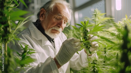 A mature male scientist is seen expertly growing medical cannabis in a high-tech laboratory, ensuring the plants thrive under his care.