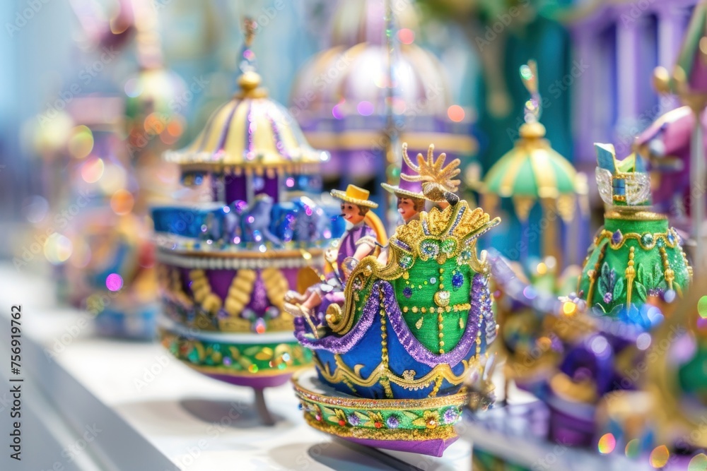 Handcrafted miniature Mardi Gras parade floats with intricate details and vibrant colors.