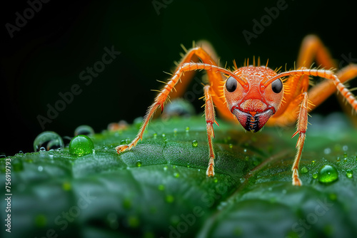 Small red ant lying on a leaf in nature, close-up.
