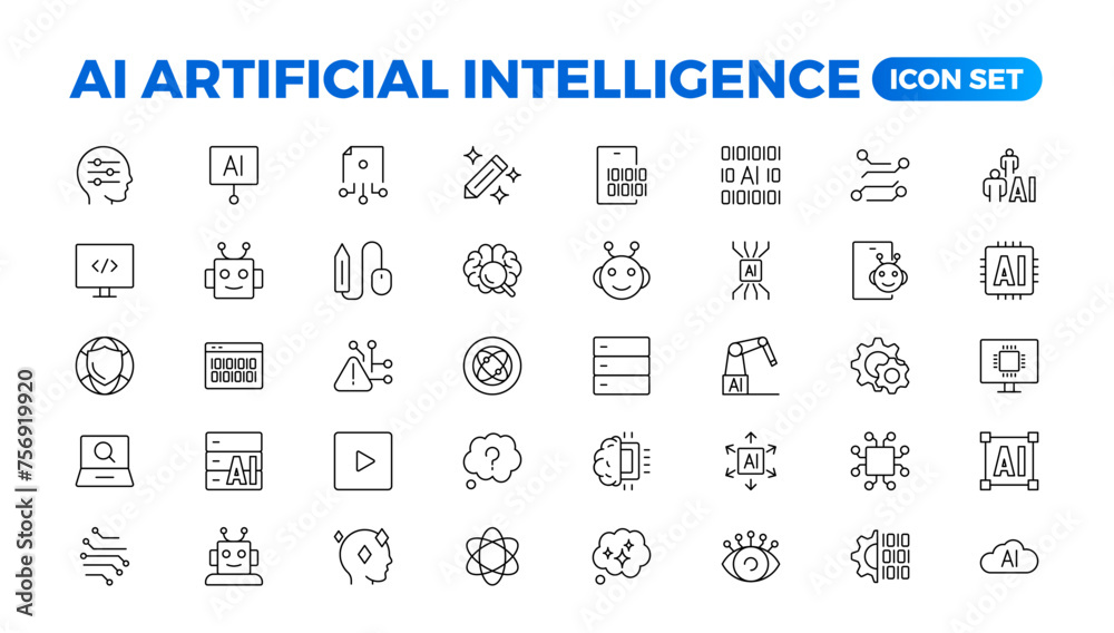 Set of Ai artificial intelligence icon set vector collection. AI Essentials line Icon collection, artificial intelligence icon set in line style, machine learning, smart robotic Free Vector Set of Ai artificial intelligence icon set vector collection. AI Essentials line Icon collection, artificial intelligence icon set in line style, machine learning, smart robotic Free Vector