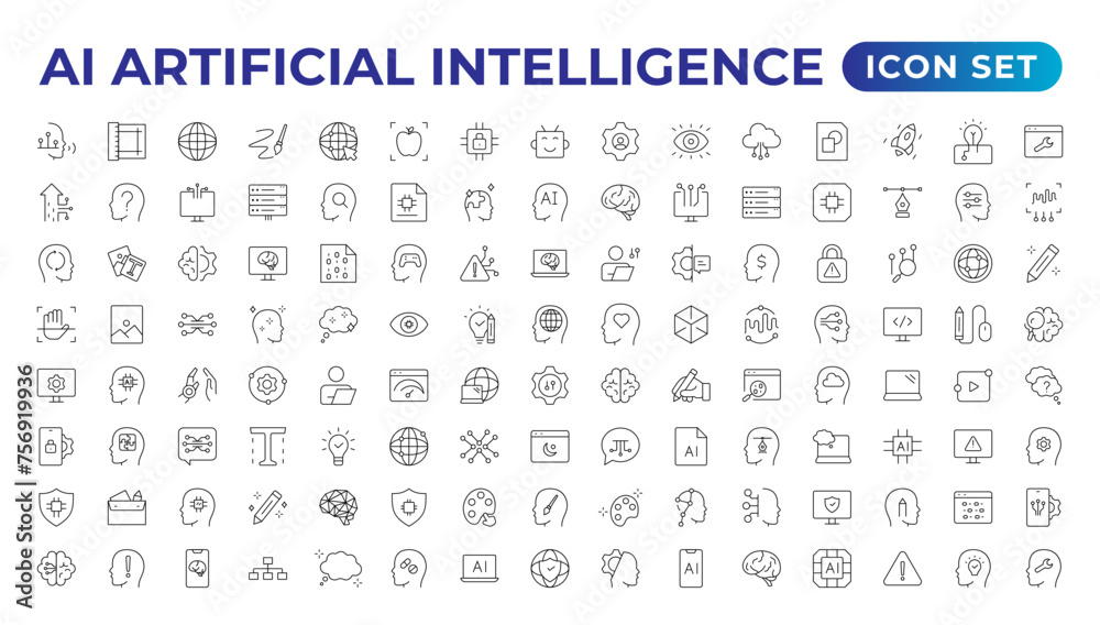 Set of Ai artificial intelligence icon set vector collection. AI Essentials line Icon collection, artificial intelligence icon set in line style, machine learning, smart robotic Free Vector Set of Ai artificial intelligence icon set vector collection. AI Essentials line Icon collection, artificial intelligence icon set in line style, machine learning, smart robotic Free Vector