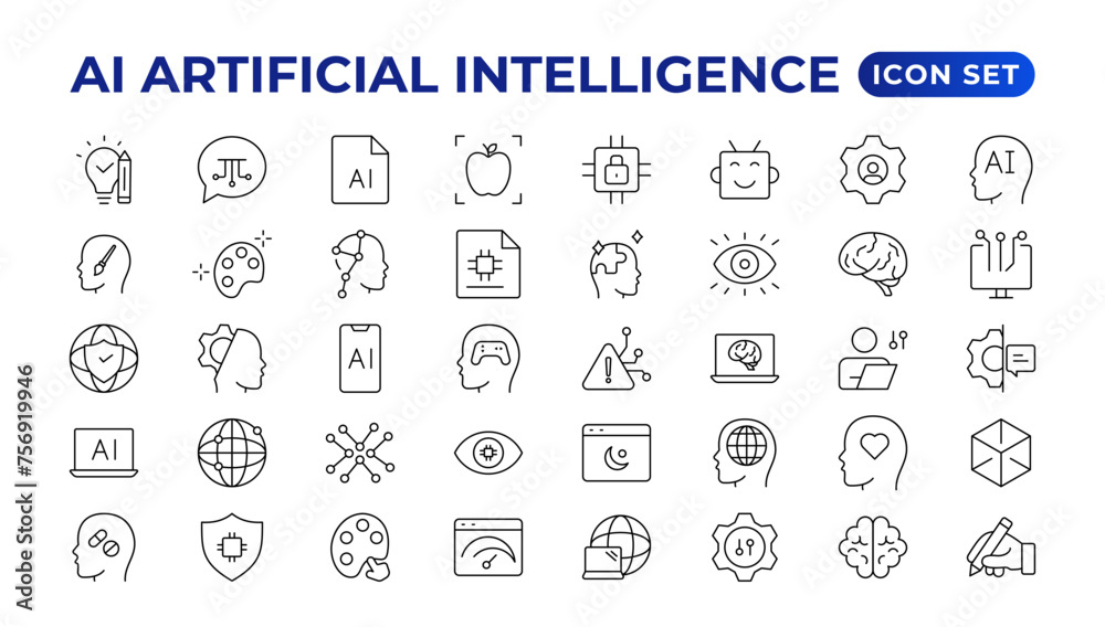 Set of Ai artificial intelligence icon set vector collection. AI Essentials line Icon collection, artificial intelligence icon set in line style, machine learning, smart robotic Free Vector