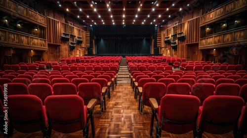 View from stage to empty theater with red seats