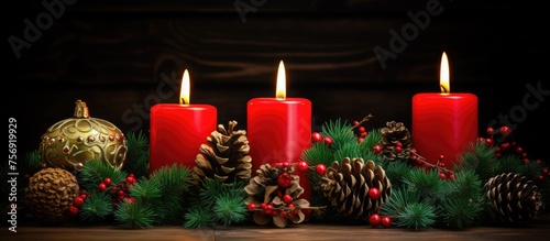 Three magenta candles illuminate the dark room  accompanied by pine cones and festive decorations  creating a cozy ambiance for the Christmas event