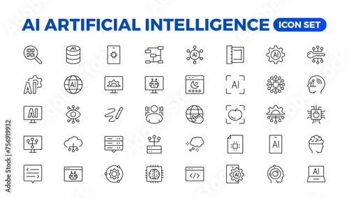 Set of Ai artificial intelligence icon set vector collection. AI Essentials line Icon collection, artificial intelligence icon set in line style, machine learning, smart robotic Free Vector