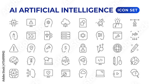 Set of Ai artificial intelligence icon set vector collection. AI Essentials line Icon collection, artificial intelligence icon set in line style, machine learning, smart robotic Free Vector