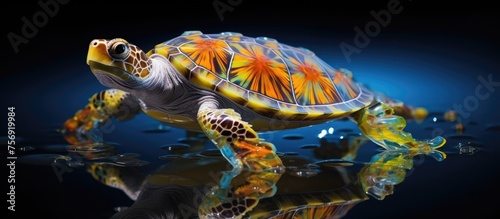 An electric blue sea turtle gracefully glides through the underwater landscape  a stunning display of art and science in marine biology