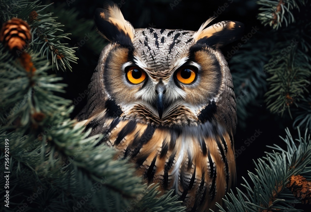 Photo of a diamond owl perched on a branch in an old growth forest. The creature has grey and white feathers with black stripes around its eyes. Photo of a diamond owl perched on a branch in an old growth forest. The creature has grey and white feathers with black stripes around its eyes.