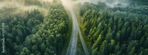 a road, sunrise, mist