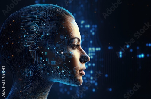 profile silhouette of an AI head composed entirely from digital circuitry, with binary code flowing around it on dark blue background