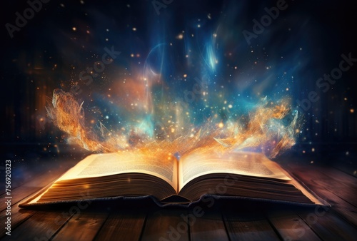 An open book with pages glowing, representing the universe of knowledge and inspiration. The background is dark with stars and galaxies
