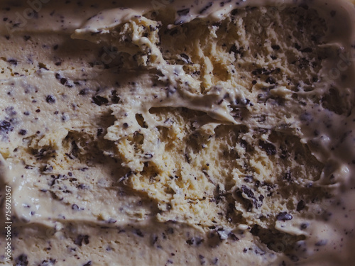 Close-up of chocolate chip ice cream texture for food background 