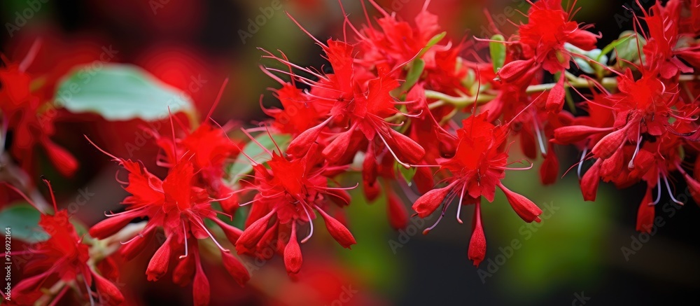 A cluster of red flowers is blooming on a deciduous tree branch, creating a vibrant pop of color in the natural landscape A cluster of red flowers is blooming on a deciduous tree branch, creating a vibrant pop of color in the natural landscape