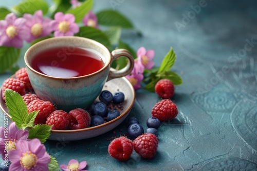 Fruit tea with raspberries, blueberries and mint on a blue background