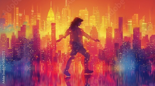 Portmann dancing out at a city skyline build out of cubic waveforms, drawings and sketches, in the style of collage-like compositions, complimentary neon colors 