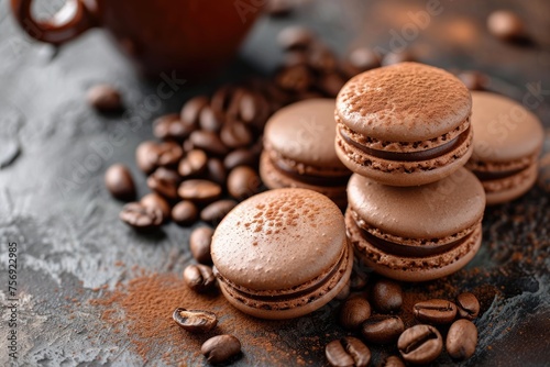 Dark and brown macarons dusted with coffee powder, filled with smooth coffee cream, arranged elegantly on a dark marble table alongside coffee beans and a cup of coffee