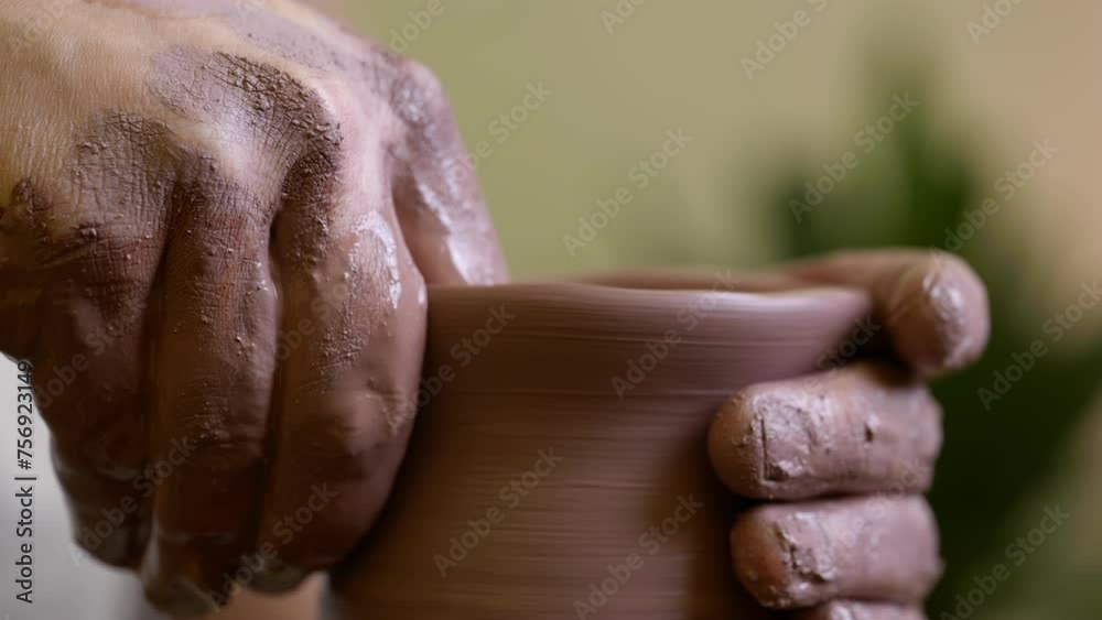 Male potter hands shaping raw clay vase neck close up on pottery turntable wheel Male potter hands shaping raw clay vase neck close up on pottery turntable wheel