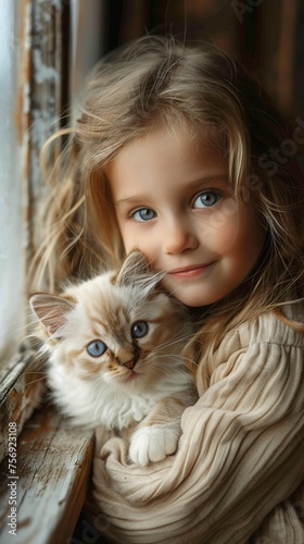 Girl cuddling a kitten, warm indoor light.  Pet care products, family lifestyle, home comfort. AI Generated.