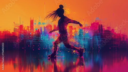 Portmann dancing out at a city skyline build out of cubic waveforms, drawings and sketches, in the style of collage-like compositions, complimentary neon colors  photo