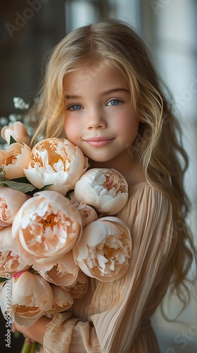 Child with peonies, soft gaze, natural light. Application Area: Floral arrangements, beauty products, spring fashion. AI Generated.