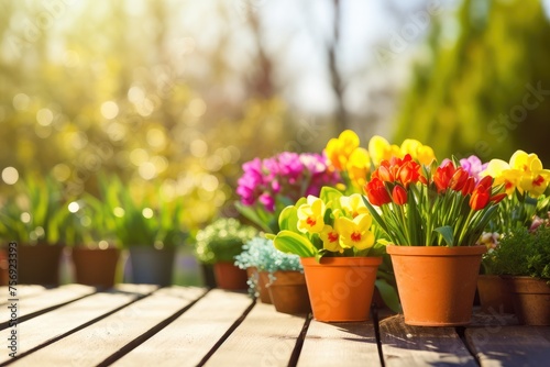 Sunny spring summer garden flower pots gardening background #756923393