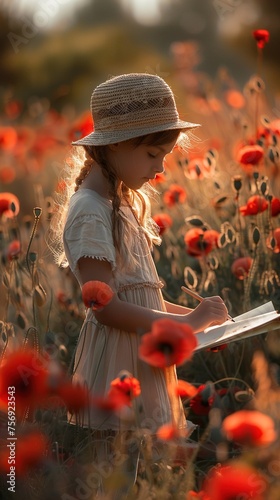 Girl reading book in poppy field during sunset. Application Area: Educational publishing, children's literature, floral photography. AI Generated.