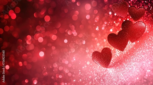 Vibrant red hearts with a glittery texture on bokeh background love and Valentine's Day celebration
