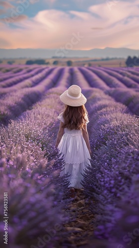 Girl standing amidst lavender fields at dusk. Application Area: Lifestyle photography, children's fashion, botanical illustration. AI Generated.