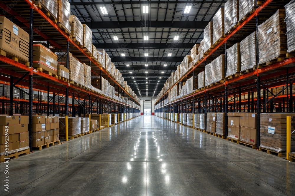 Storage and logistics in a warehouse with many shelves and pallets
