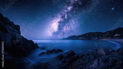 Milky Way galaxy over the ocean with rocky coastline in the foreground © JanNiklas