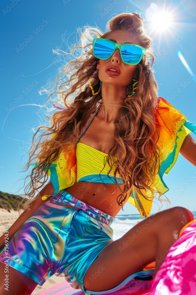 An image of a lively, fashionable woman posing confidently in quirky, bright beachwear on a sunny day