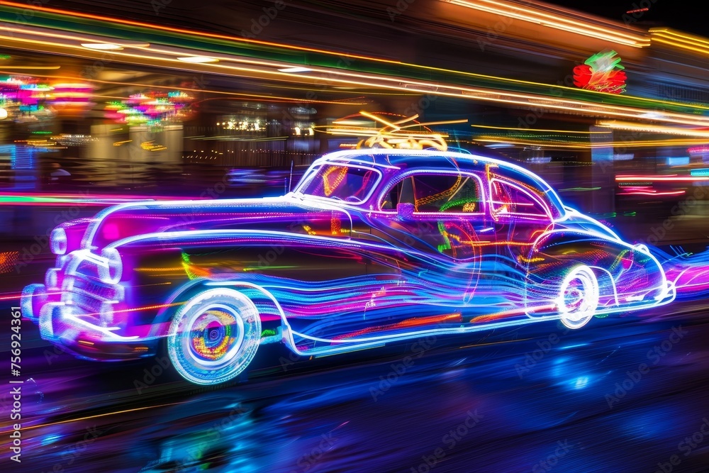 a neon car, speeding through the streets