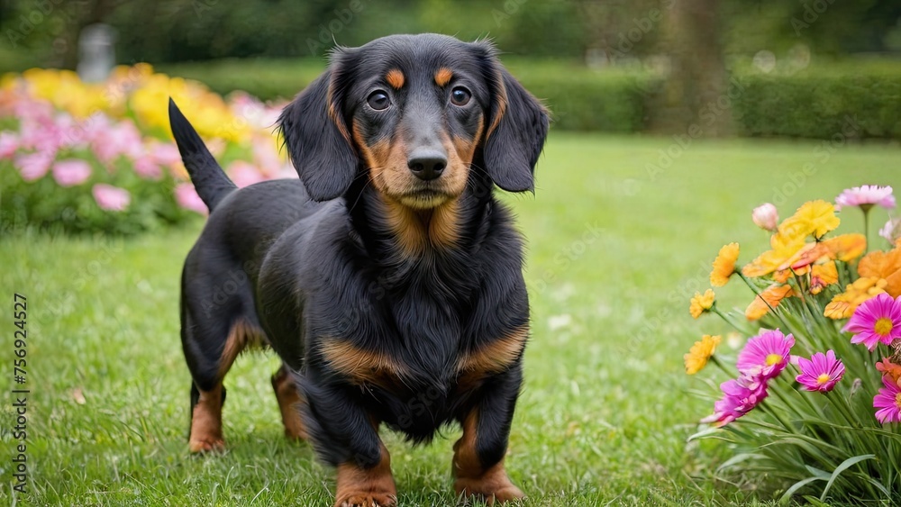 Black and tan long haired dachshund dog in flower field