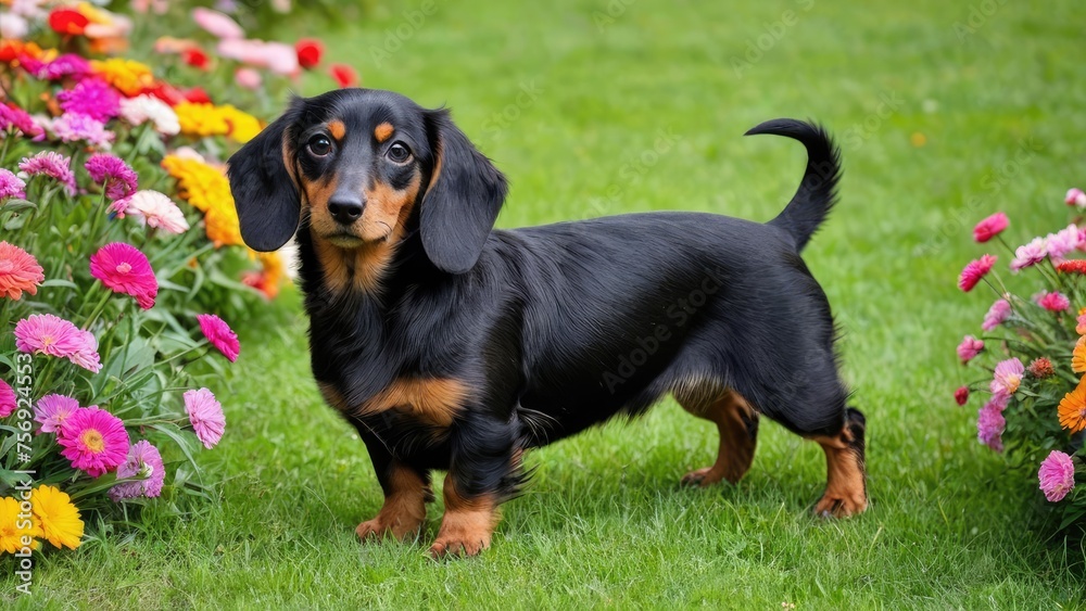 Black and tan long haired dachshund dog in flower field