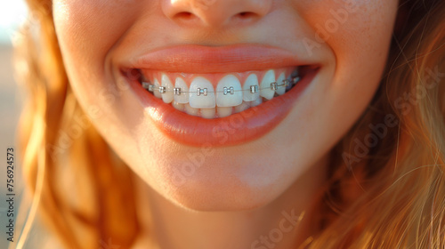 A close-up image of a young woman with orthodontic braces on her teeth, smiling confidently, showcasing the dental tools used for achieving perfect teeth alignment