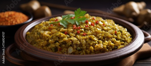 A dish of Arroz a la Valenciana made with rice, vegetables, and spices, a staple food in Valencia cuisine, placed on a table