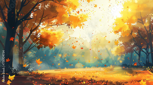 Beautiful autumn forest with yellow trees and sun.