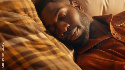 "In the intimacy of his room, an African-American man finds solace in sleep with a soft blanket, the close-up capturing a profound sense of comfort and peace."