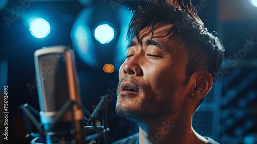 Asian handsome male singer singing in the recording studio, generative AI