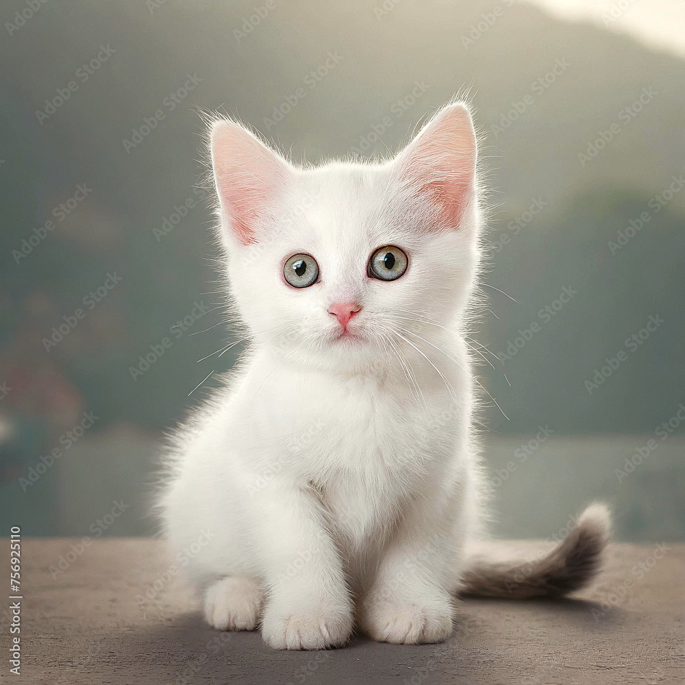 흰색의 작고 귀여운 아기 고양이의 앉아있는 모습