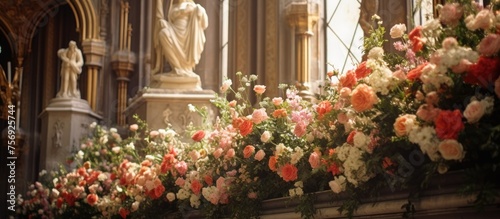 A picturesque scene of a row of flowers in front of a building, with a statue in the background. The art of flower arranging complements the sculpture beautifully