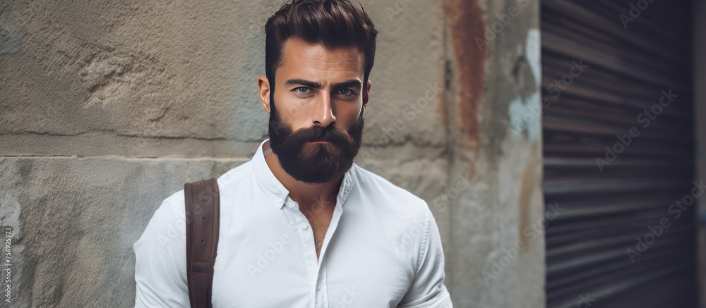 Obraz premium The man with facial hair, including a beard and moustache, is wearing a white dress shirt with a collar and rolledup sleeves. He is carrying a brown bag, displaying a sense of art in his formal wear