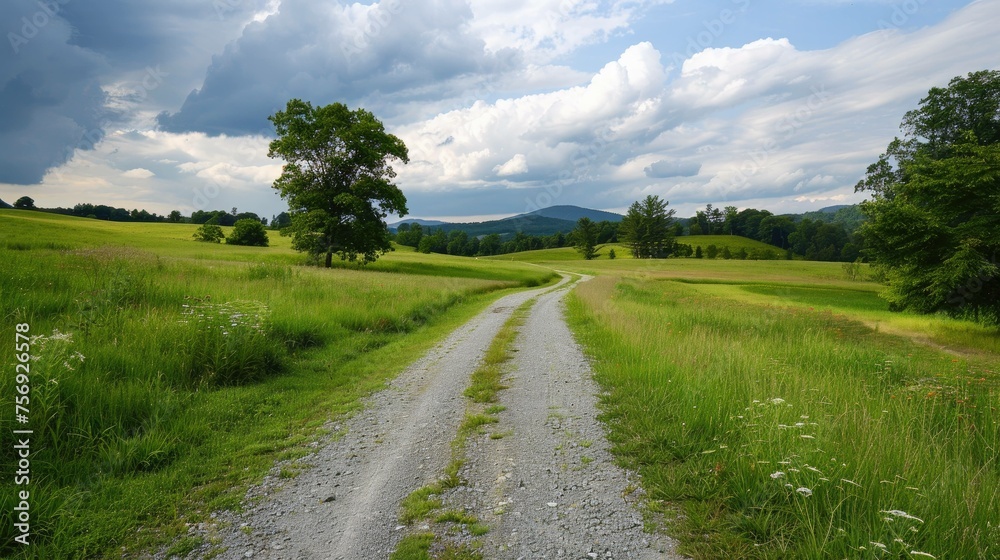 Serene Countryside Landscape: Road Extending into Distance under Blue Sky and White Clouds